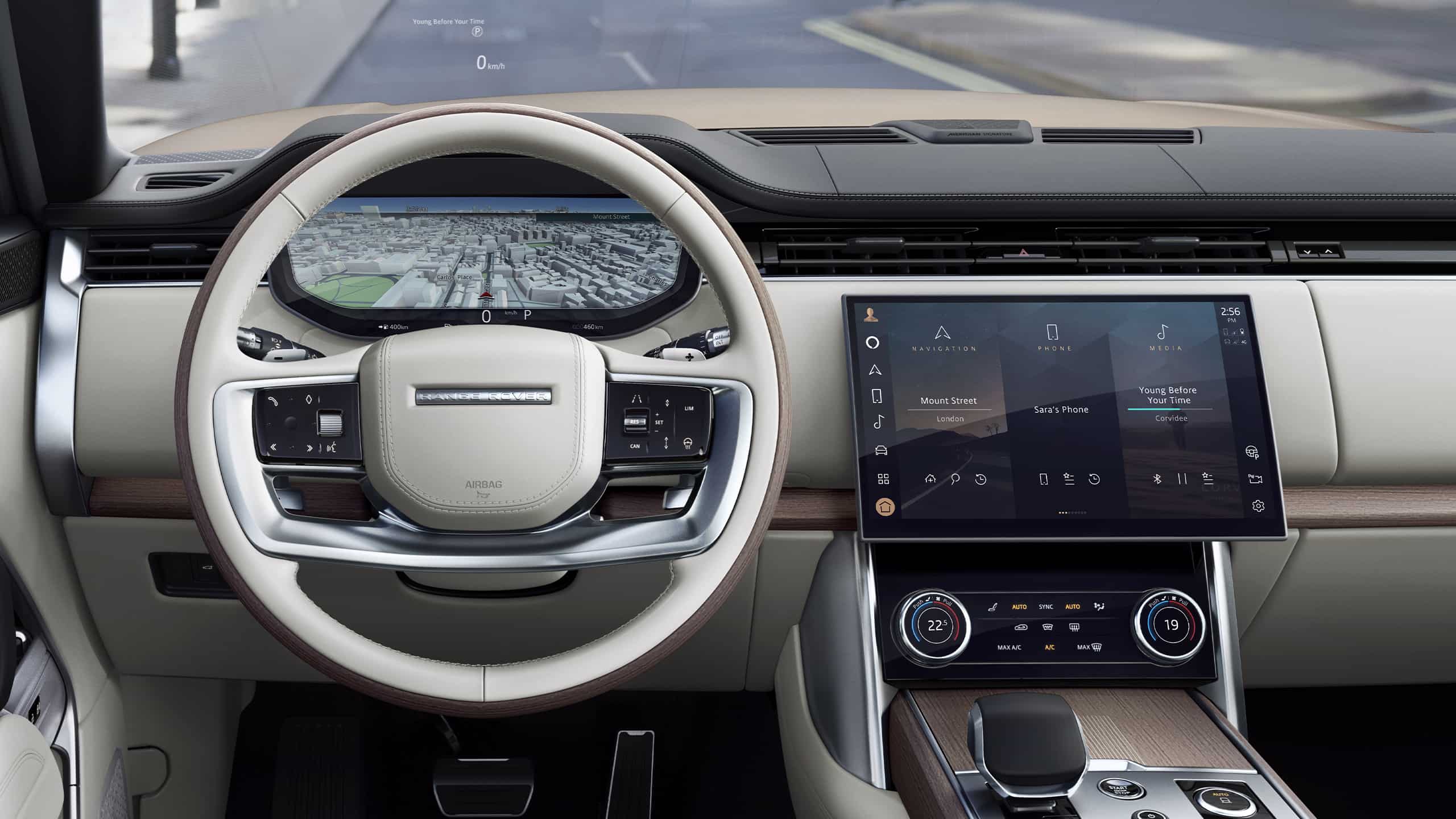 View of steering wheel and infotainment system