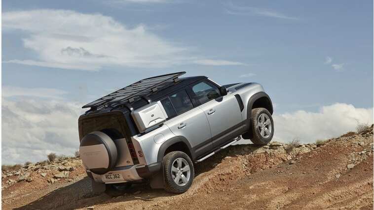 Land Rover Defender backside view parked on a rock