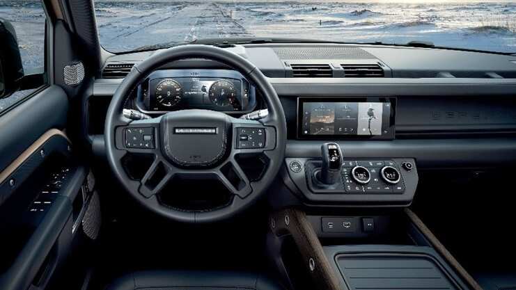 Driver's view in a Land Rover Defender