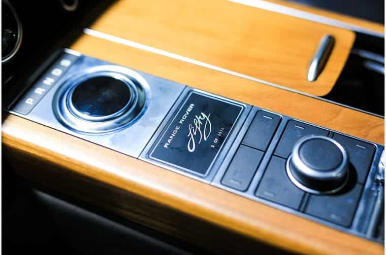Range Rover Fifty badge inlaid in the centre console