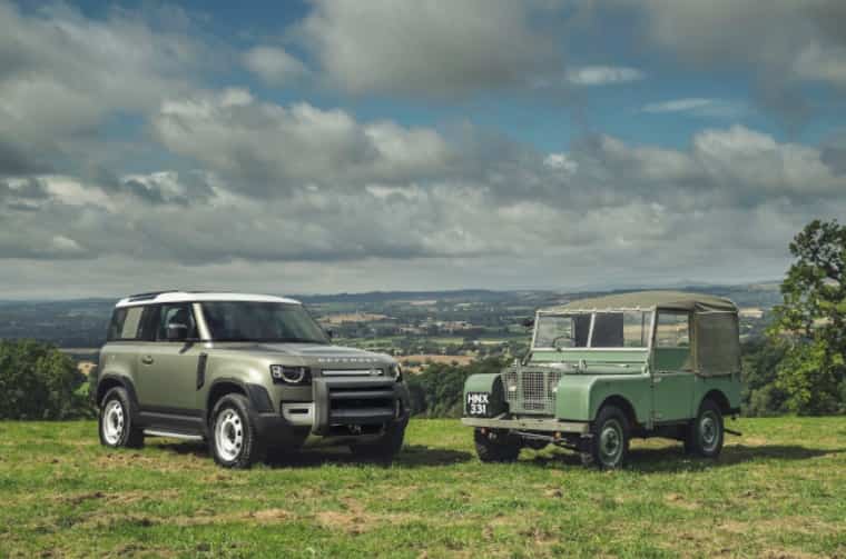 New Land Rover Defender next to Classic Land Rover Series I