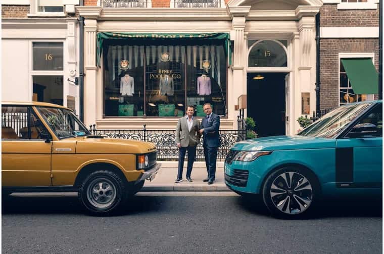 Range Rover Classic facing New Range Rover outside Henry Poole store