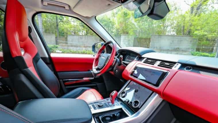 Red and black upholstered vehicle interior