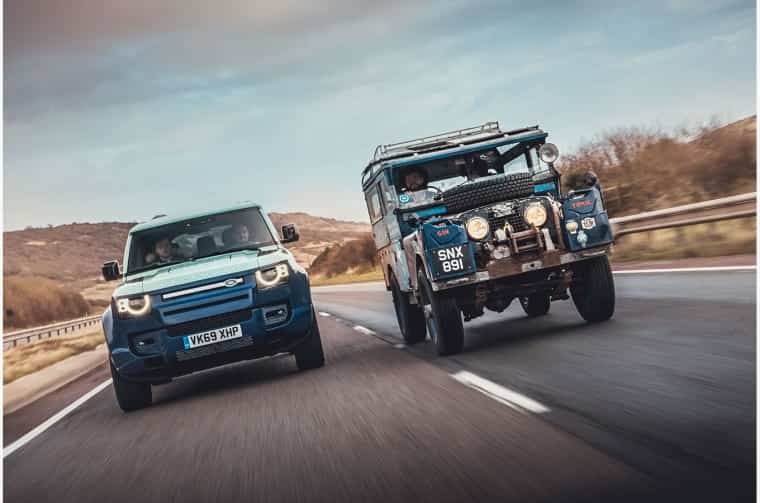 Land Rover Defender and Land Rover Series I driving side by side